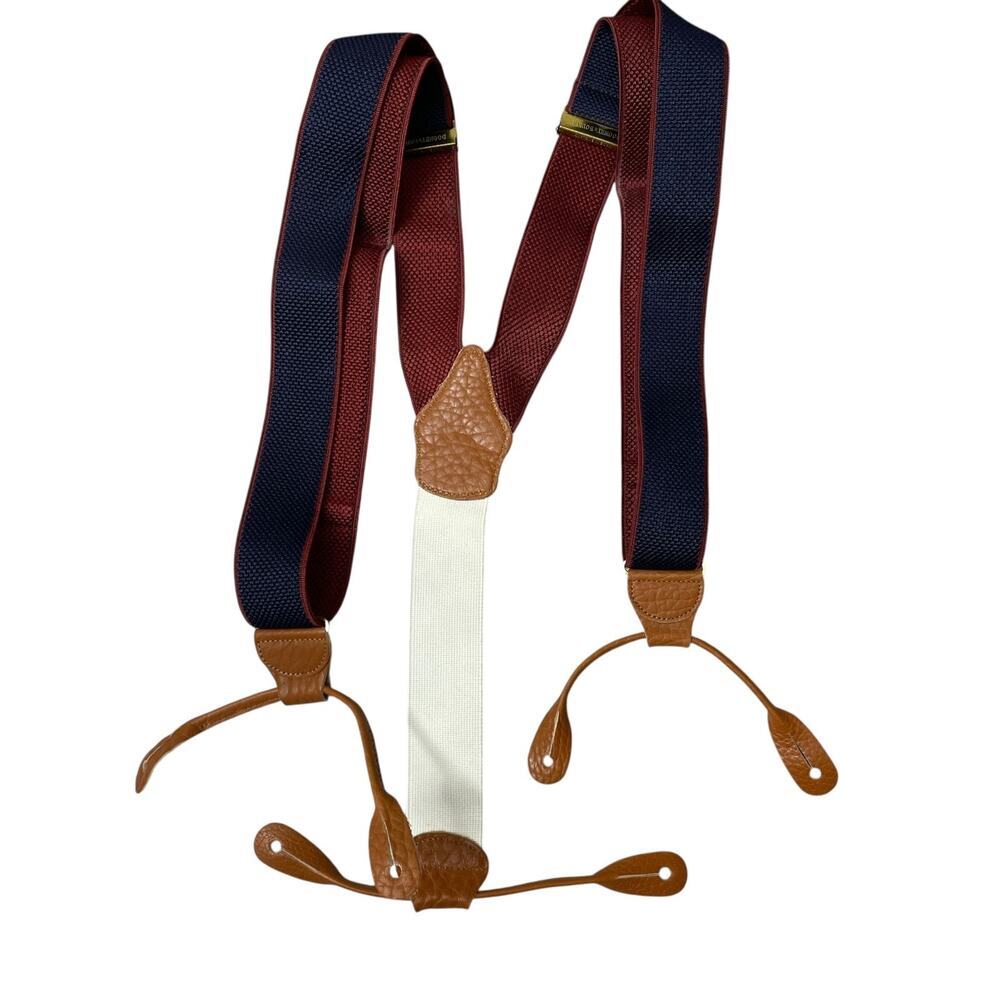 Dooney & Bourke Suspenders Navy Blue Mens Brass Brown Leather Button Braces